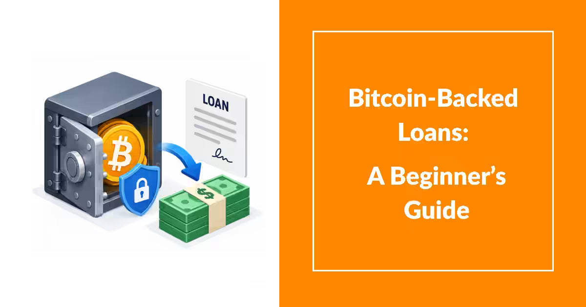 Illustration of Bitcoin locked as collateral for a loan, with cash and a loan document representing Bitcoin-backed lending