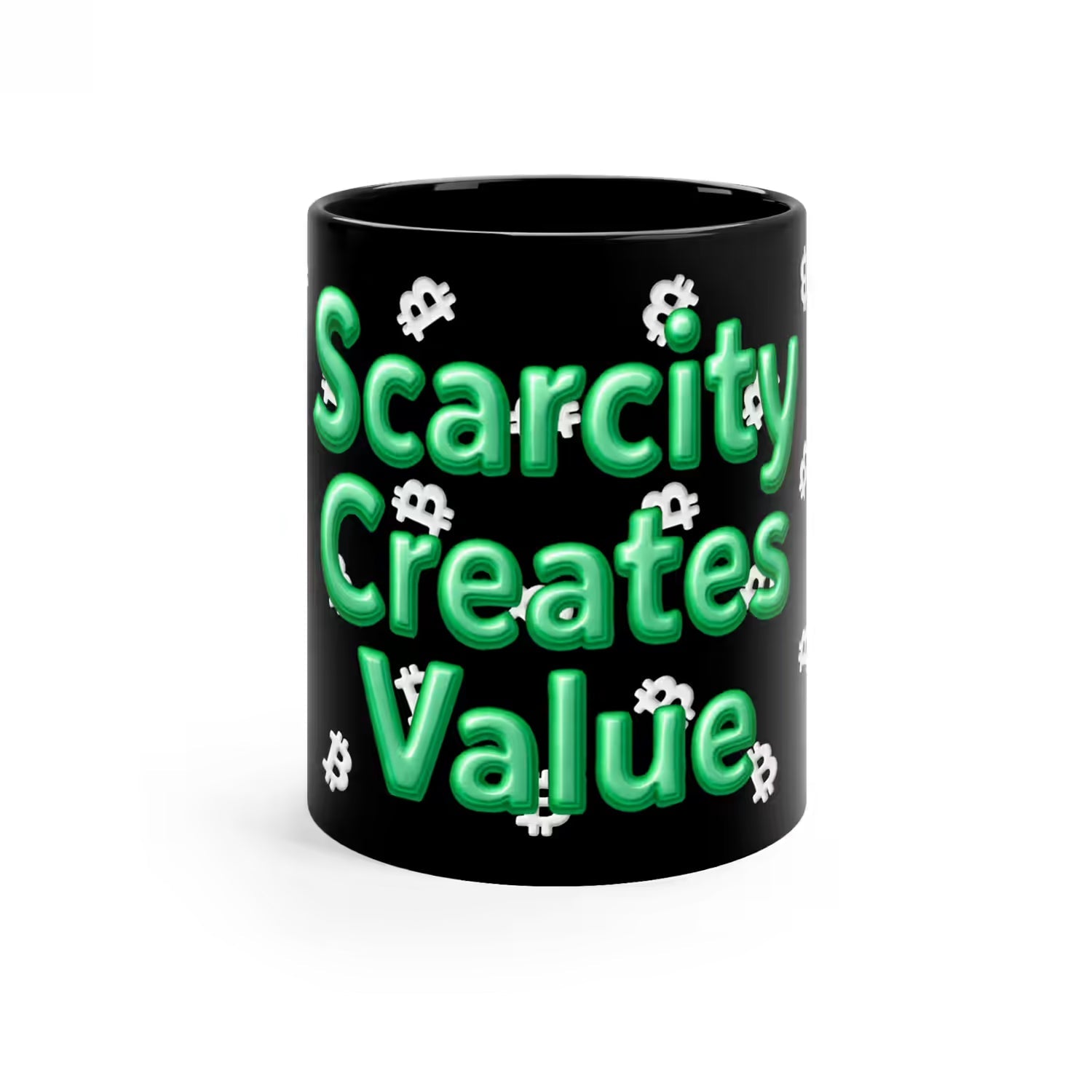 Black Bitcoin mug with 'Scarcity Creates Value' green text and white logos. Featured collection image.