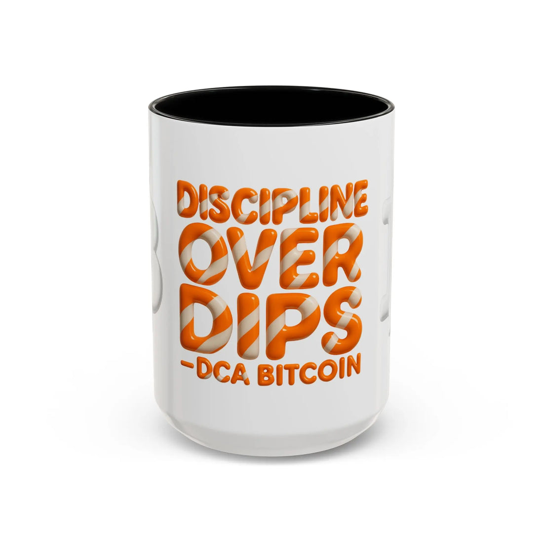 Discipline Over Dips — DCA Bitcoin | 15oz Coffee Mug black interior - Front view | Bitcoin Merch