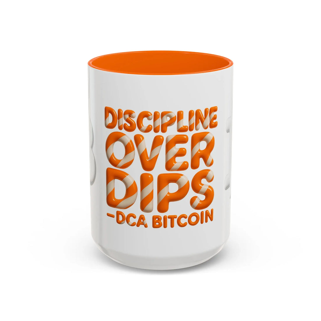 Discipline Over Dips — DCA Bitcoin | 15oz Coffee Mug orange interior - Front view | Bitcoin Merch