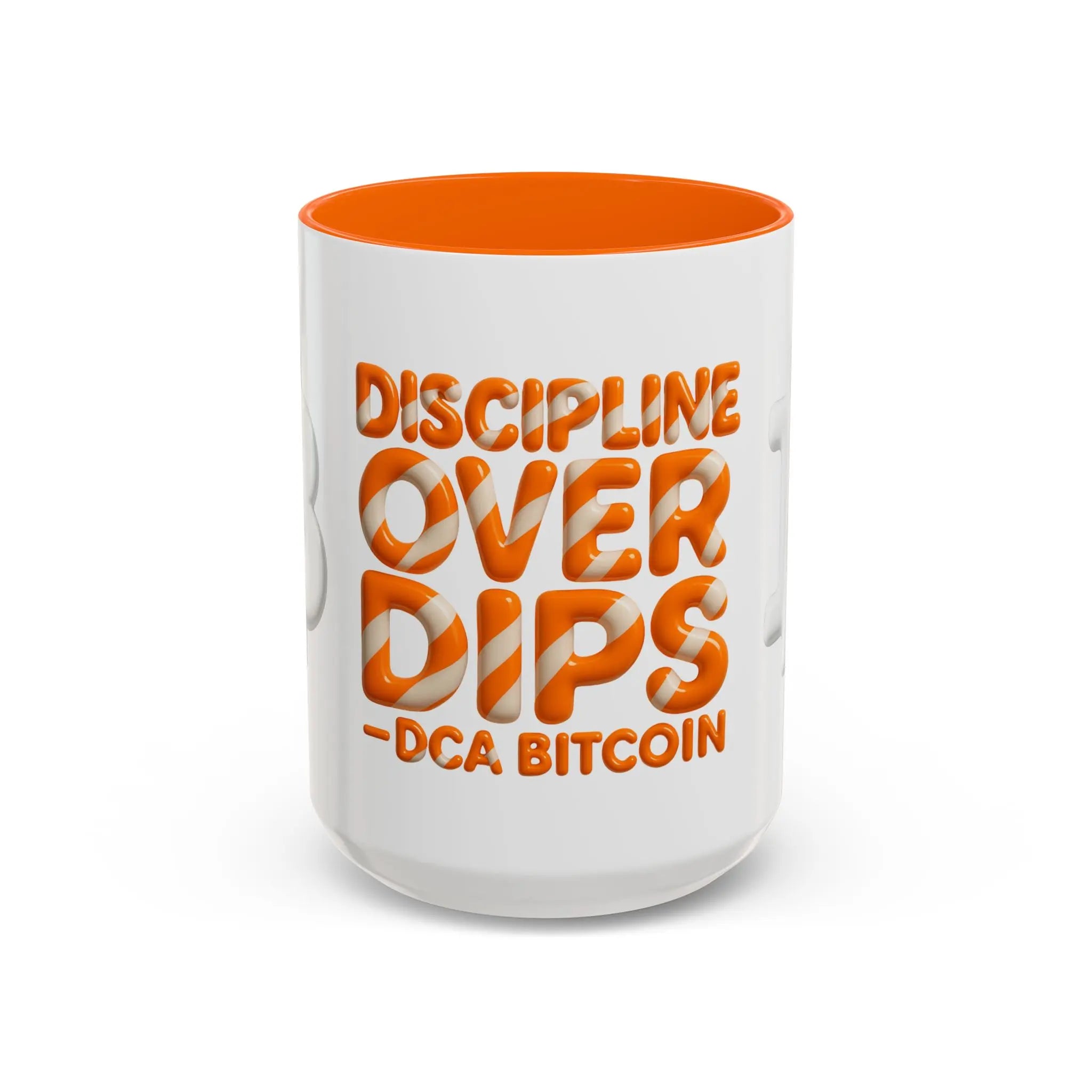 Discipline Over Dips — DCA Bitcoin | 15oz Coffee Mug orange interior - Front view | Bitcoin Merch