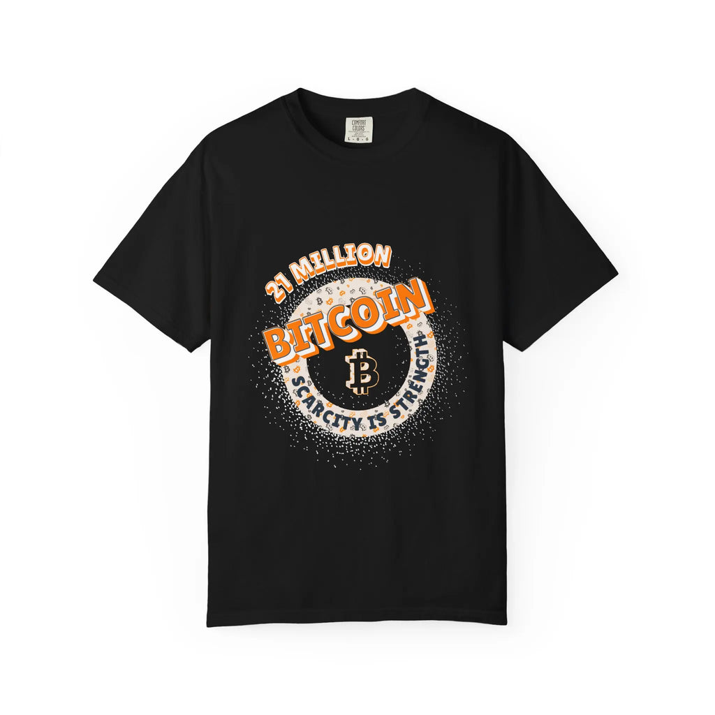 Flat lay of the black Bitcoin 21 Million t-shirt, showing the durable Comfort Colors 1717 fabric and sound money design.