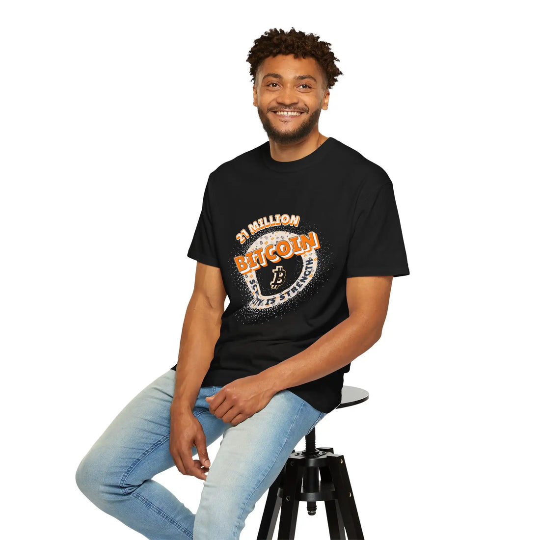 Front view of a model in the black Bitcoin 21 Million Scarcity Is Strength t-shirt, promoting the hard cap network.