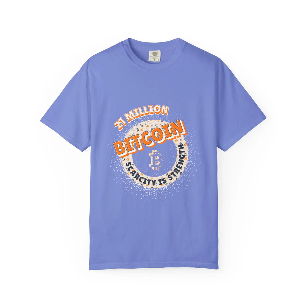 Flat front view of the flo blue Bitcoin 21 Million t-shirt, featuring the Comfort Colors 1717 build for true believers.