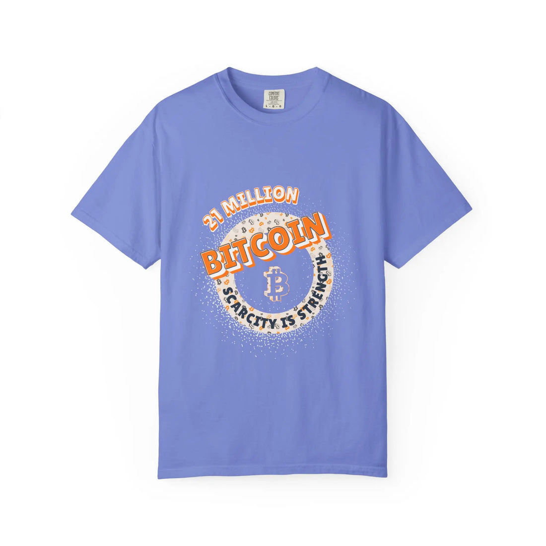 Flat front view of the flo blue Bitcoin 21 Million t-shirt, featuring the Comfort Colors 1717 build for true believers.