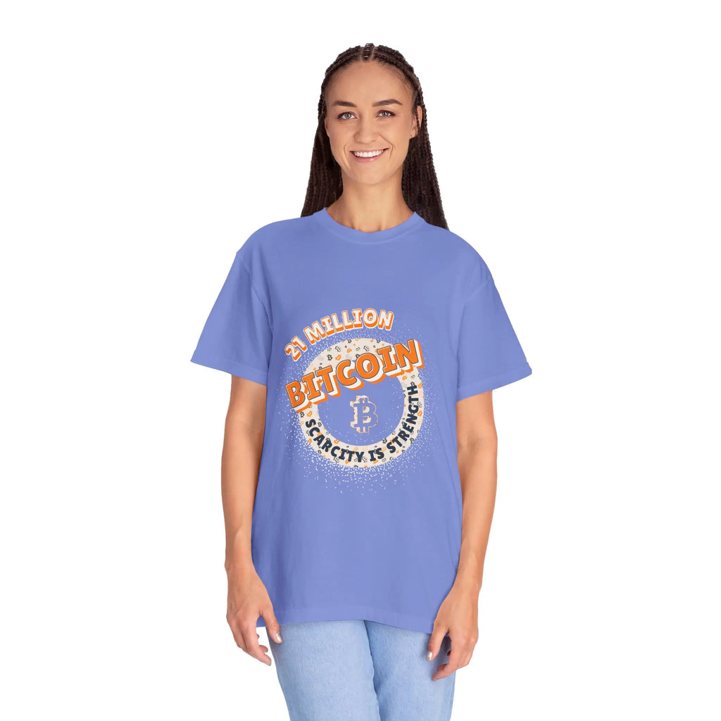 Front view of a model in the flo blue Bitcoin 21 Million Scarcity Is Strength t-shirt, educating on digital scarcity.