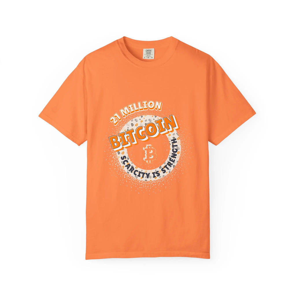 Flat lay of the melon Bitcoin 21 Million t-shirt, highlighting the Comfort Colors 1717 material and absolute scarcity.