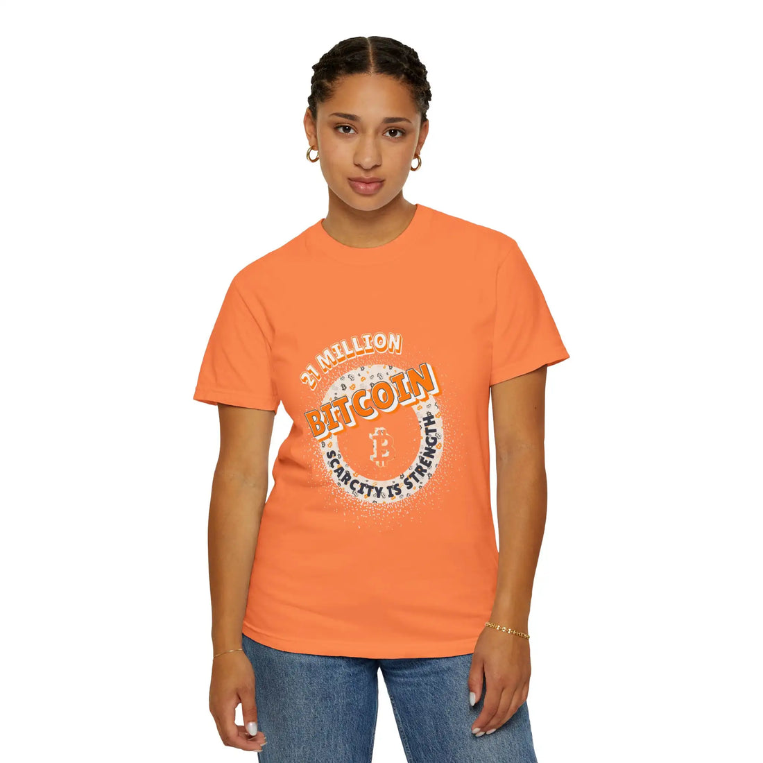 Front view of a model wearing the melon Bitcoin 21 Million Scarcity Is Strength t-shirt. Essential maximalist clothing.