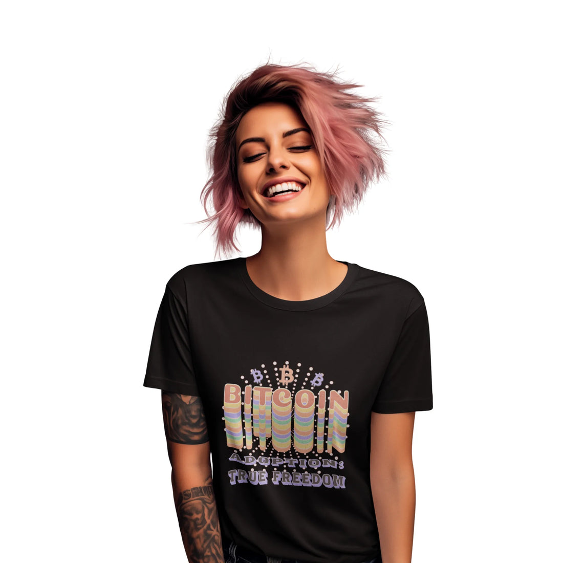 Bitcoin Adoption True Freedom Womens Tee - Black - Bella Canvas 6400 Model Front - Classic Bitcoin Merch