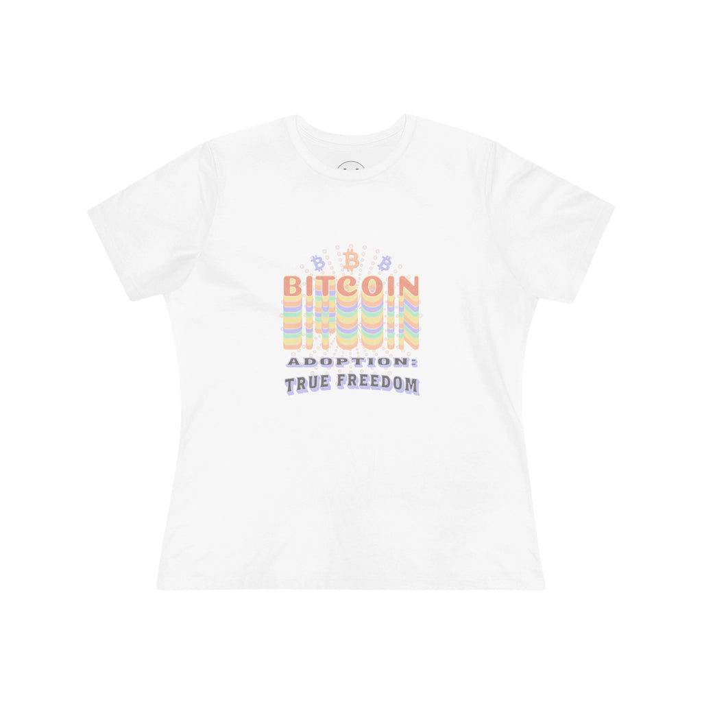 Bitcoin Adoption True Freedom Womens Tee - White - Bella Canvas 6400 Flat Design View - Sovereign Bitcoin Apparel