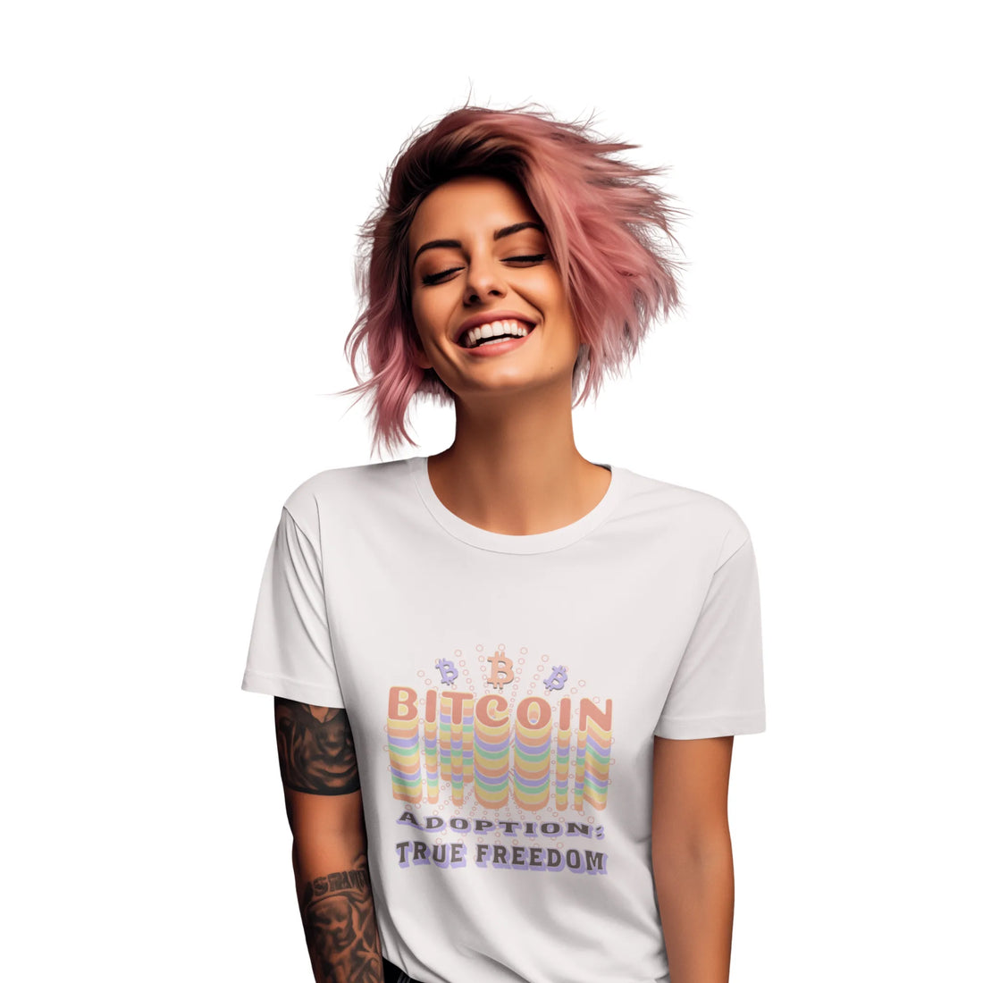 Bitcoin Adoption True Freedom Womens Tee - White - Bella Canvas 6400 Model Front - Sovereign Bitcoin Apparel