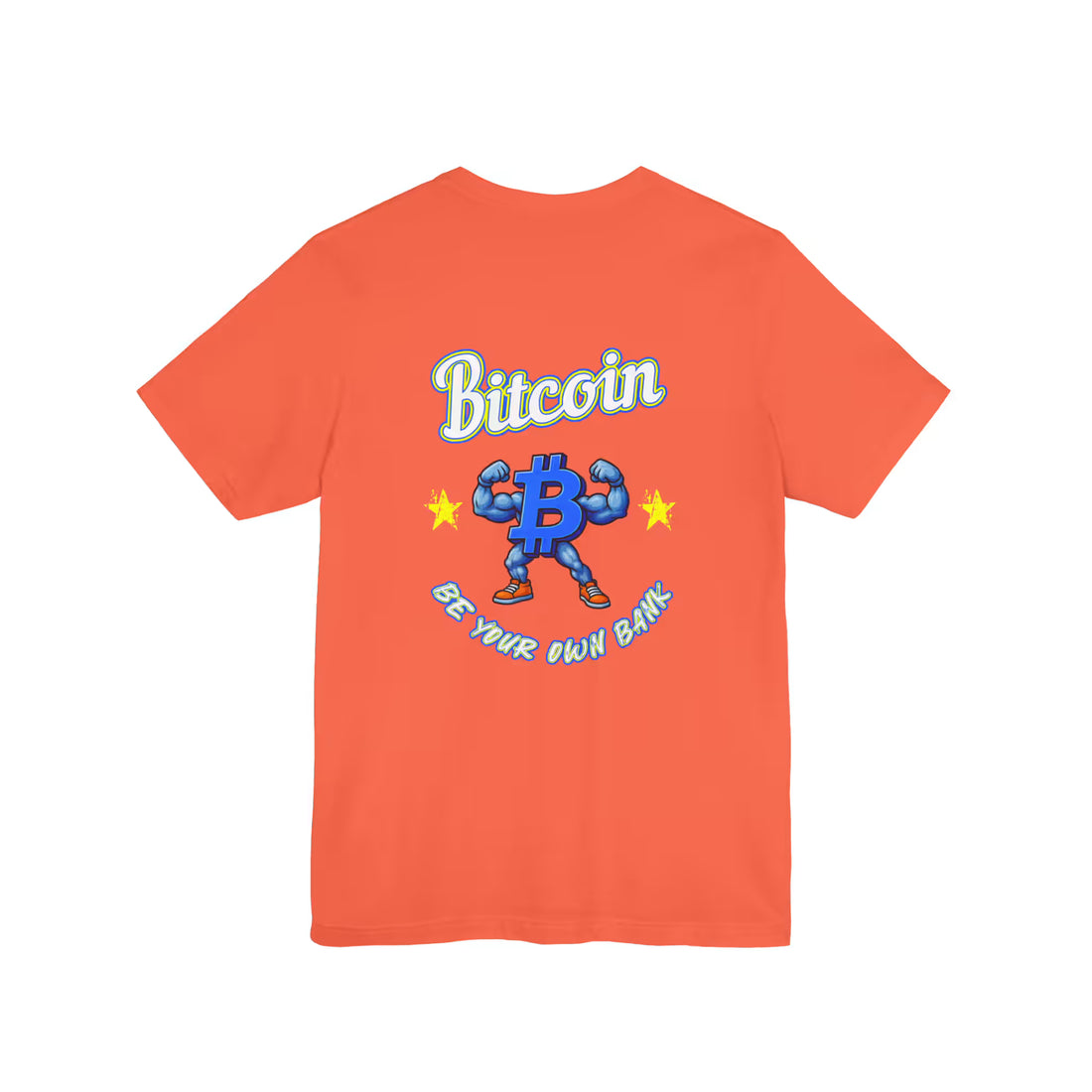 Flat back view of the coral Bitcoin Be Your Own Bank t-shirt, displaying the large self-custody message.