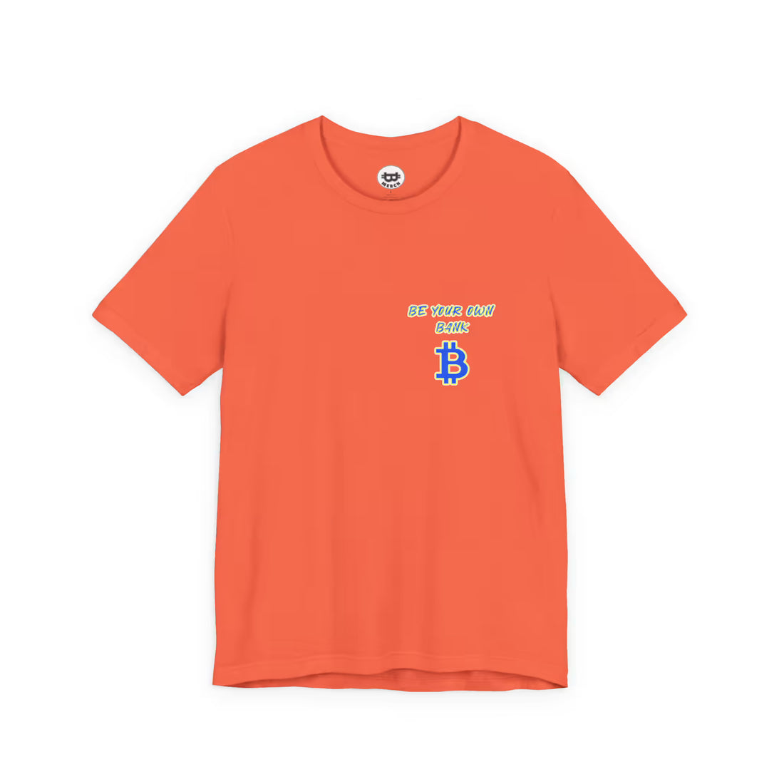 Flat front view of the coral Bitcoin Be Your Own Bank t-shirt, showing the Bella Canvas 3001 build and chest logo.