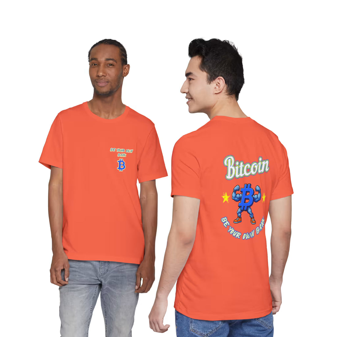 Front and back view of two models in coral Bitcoin Be Your Own Bank t-shirts. Total financial sovereignty.