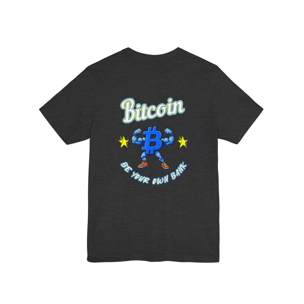 Flat back view of the dark grey heather Bitcoin Be Your Own Bank t-shirt, promoting absolute financial independence.