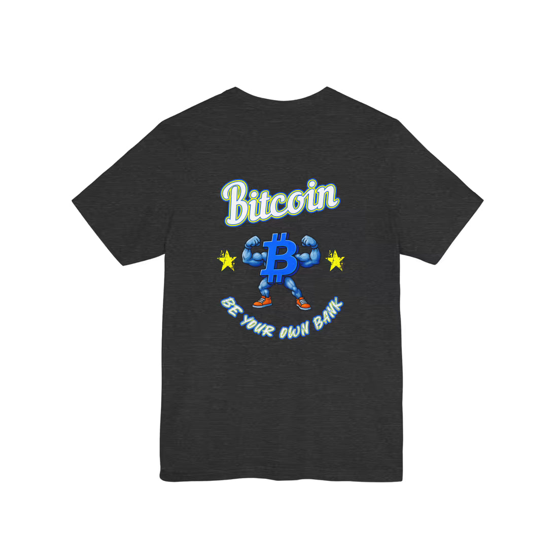 Flat back view of the dark grey heather Bitcoin Be Your Own Bank t-shirt, promoting absolute financial independence.