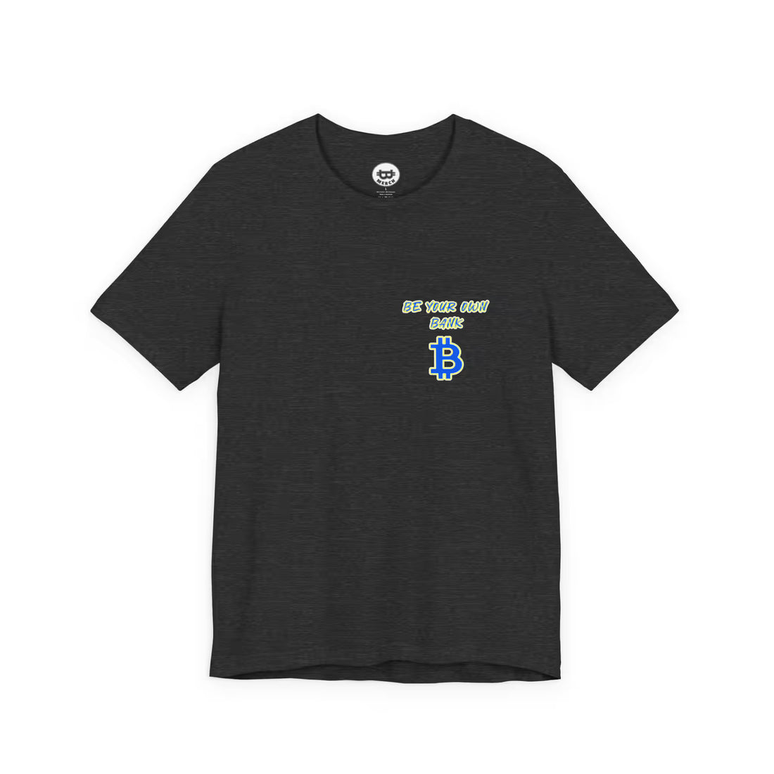 Flat front view of the dark grey heather Bitcoin Be Your Own Bank t-shirt, highlighting Bella Canvas 3001 quality.