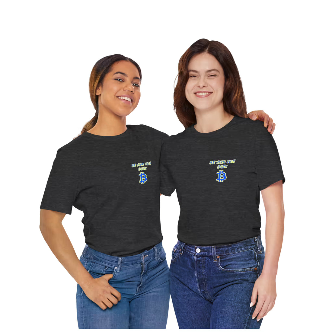 Front view of two models wearing dark grey heather Bitcoin Be Your Own Bank t-shirts. Securing wealth together.