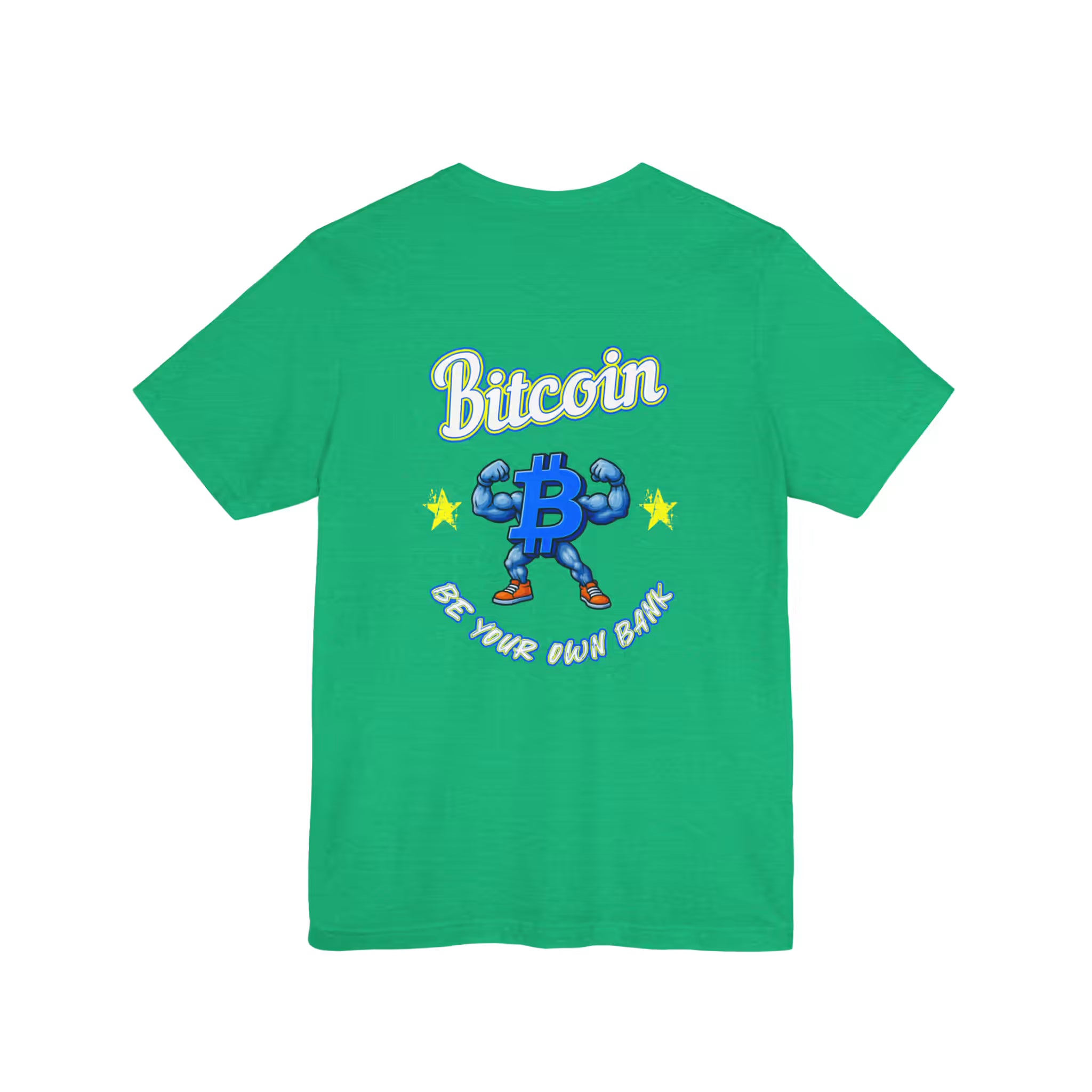 Flat back view of the heather kelly Bitcoin Be Your Own Bank t-shirt, educating on true decentralized savings.