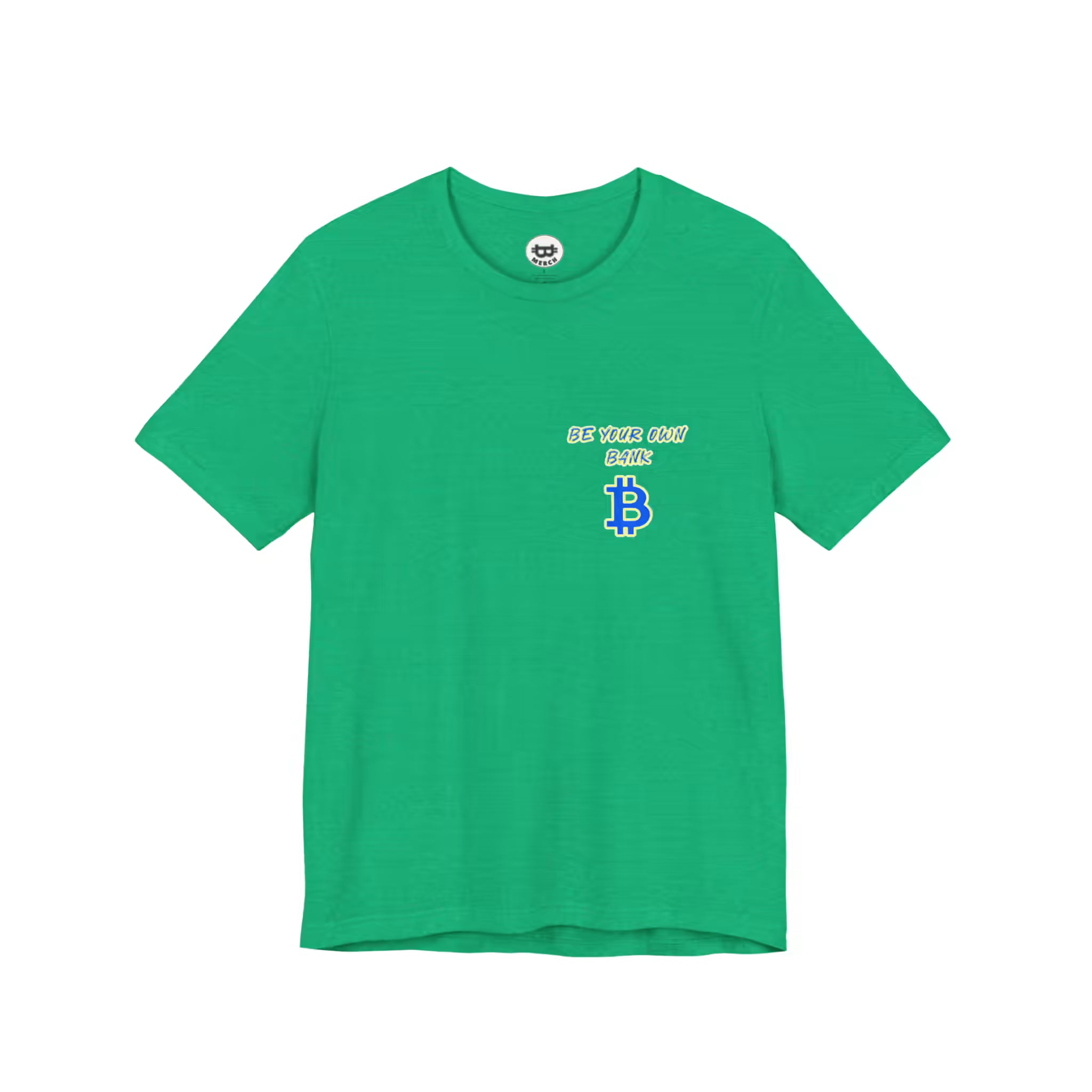 Flat front view of the heather kelly Bitcoin Be Your Own Bank t-shirt, featuring soft Bella Canvas 3001 material.