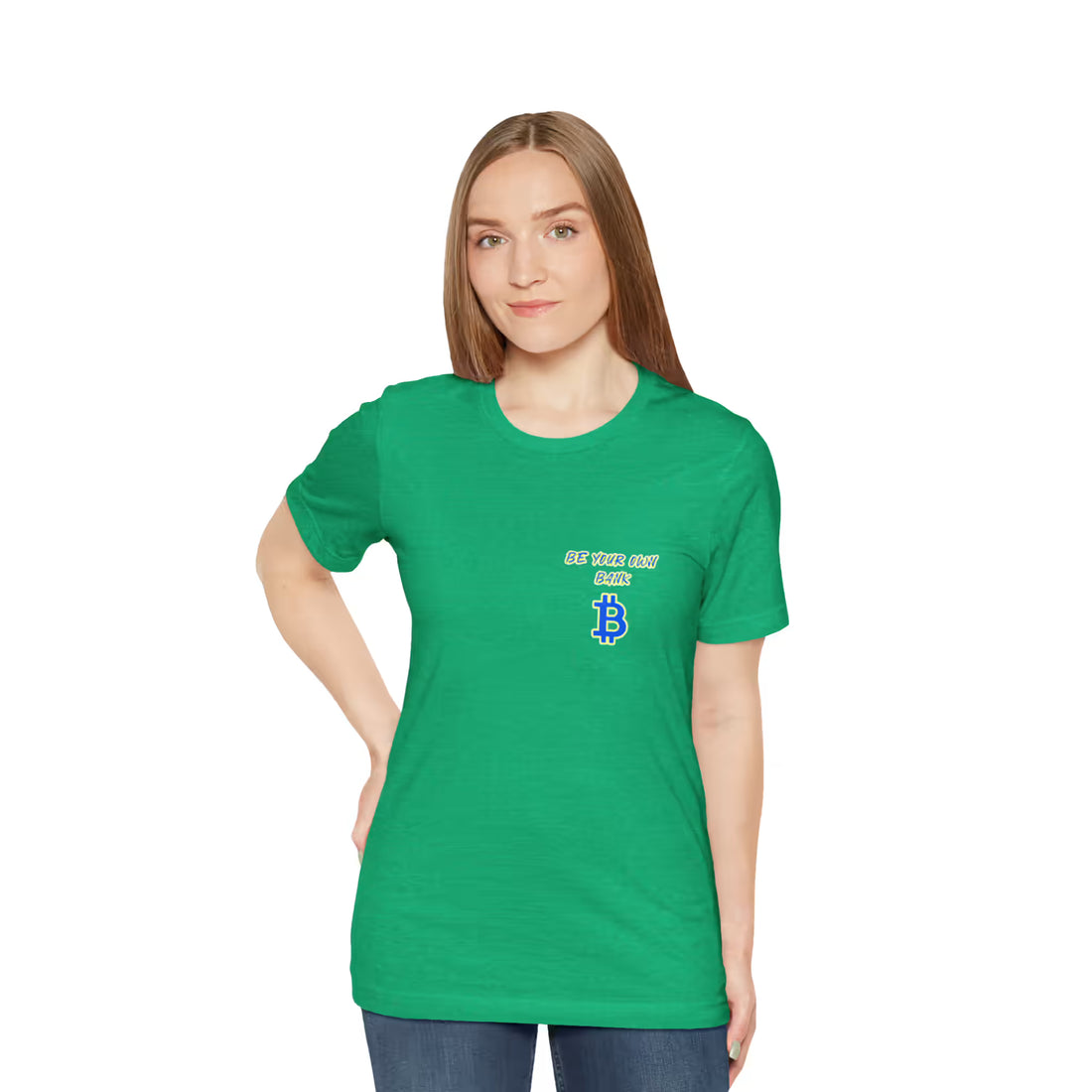 Front view of a model in the heather kelly Bitcoin Be Your Own Bank t-shirt, escaping the fiat system. Premium apparel.
