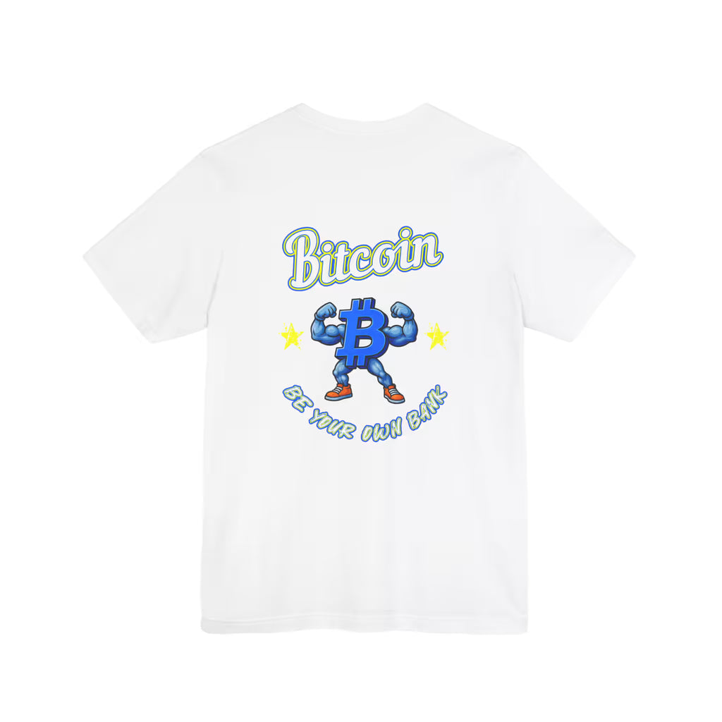 Flat back view of the white Bitcoin Be Your Own Bank t-shirt, a bold statement for pure self-custody.