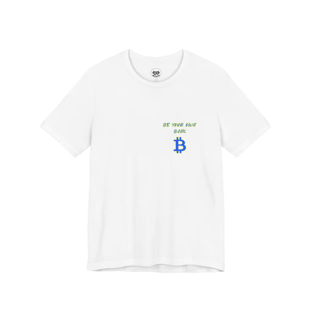 Flat front view of the white Bitcoin Be Your Own Bank t-shirt, a Bella Canvas 3001 staple for everyday node runners.