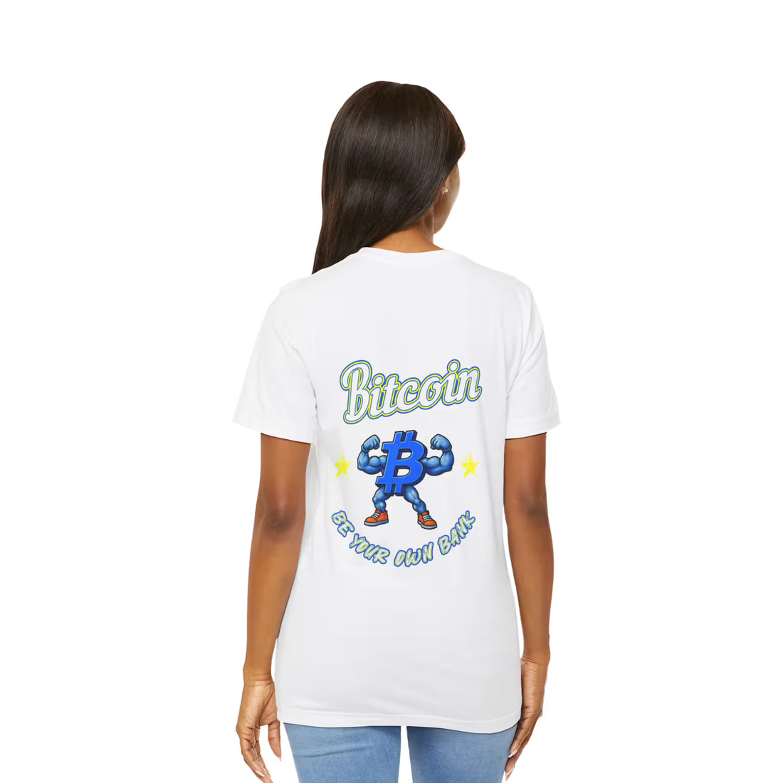Back view of a model wearing the white Bitcoin Be Your Own Bank t-shirt, showcasing the ultimate maximalist design.