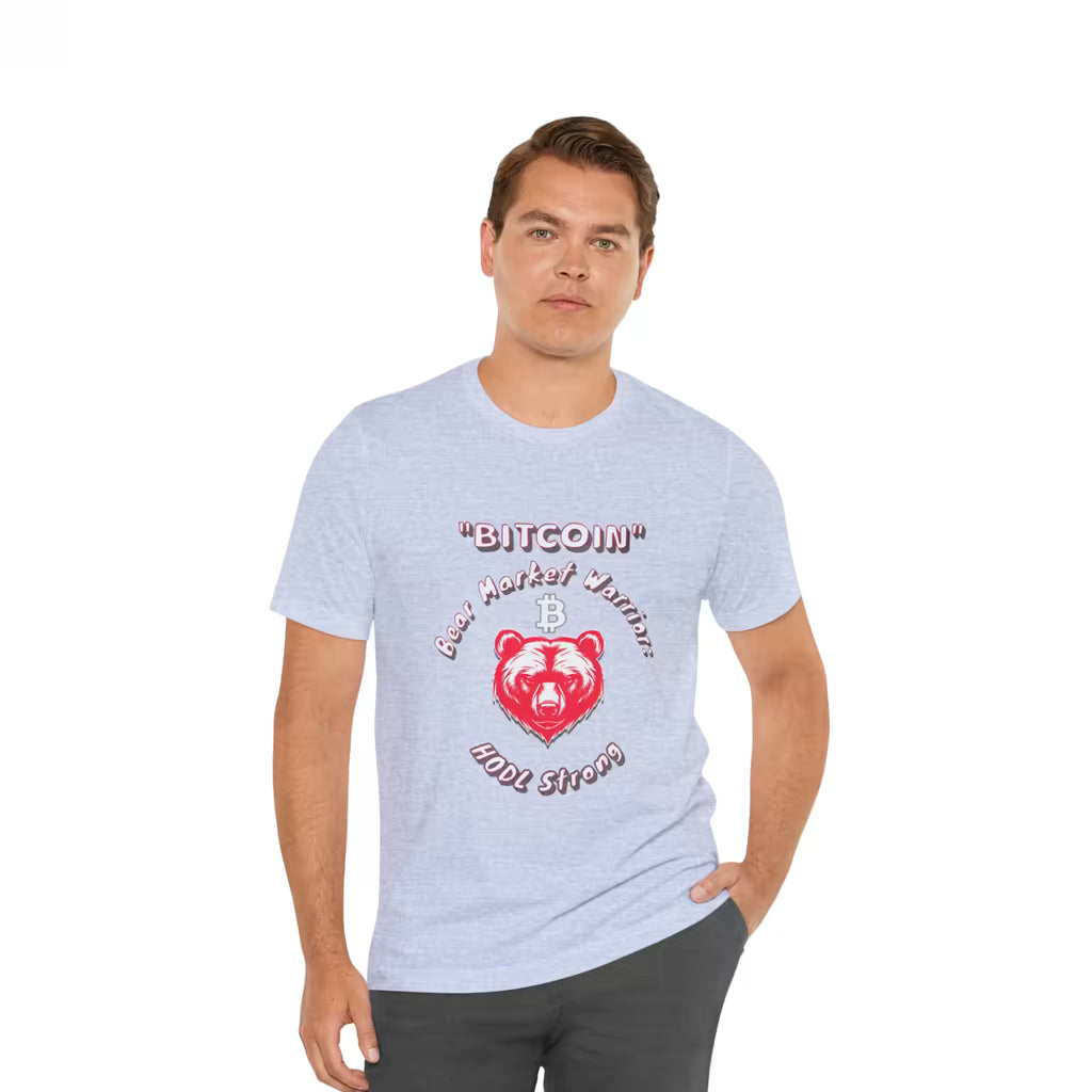 Front view of a model in the heather prism blue Bitcoin Bear Market Warrior t-shirt for long-term believers.