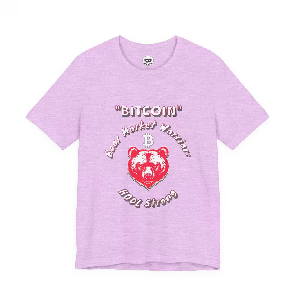 Flat lay of the heather prism lilac Bear Market Warrior t-shirt, displaying the durable Bella Canvas 3001 material.