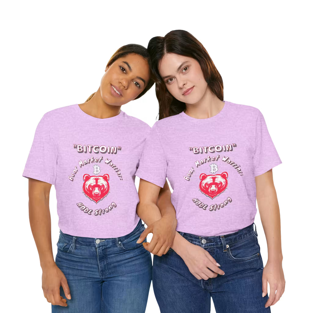 Front view of two models wearing matching heather prism lilac Bitcoin Bear Market Warrior t-shirts. United for the HODL pride.