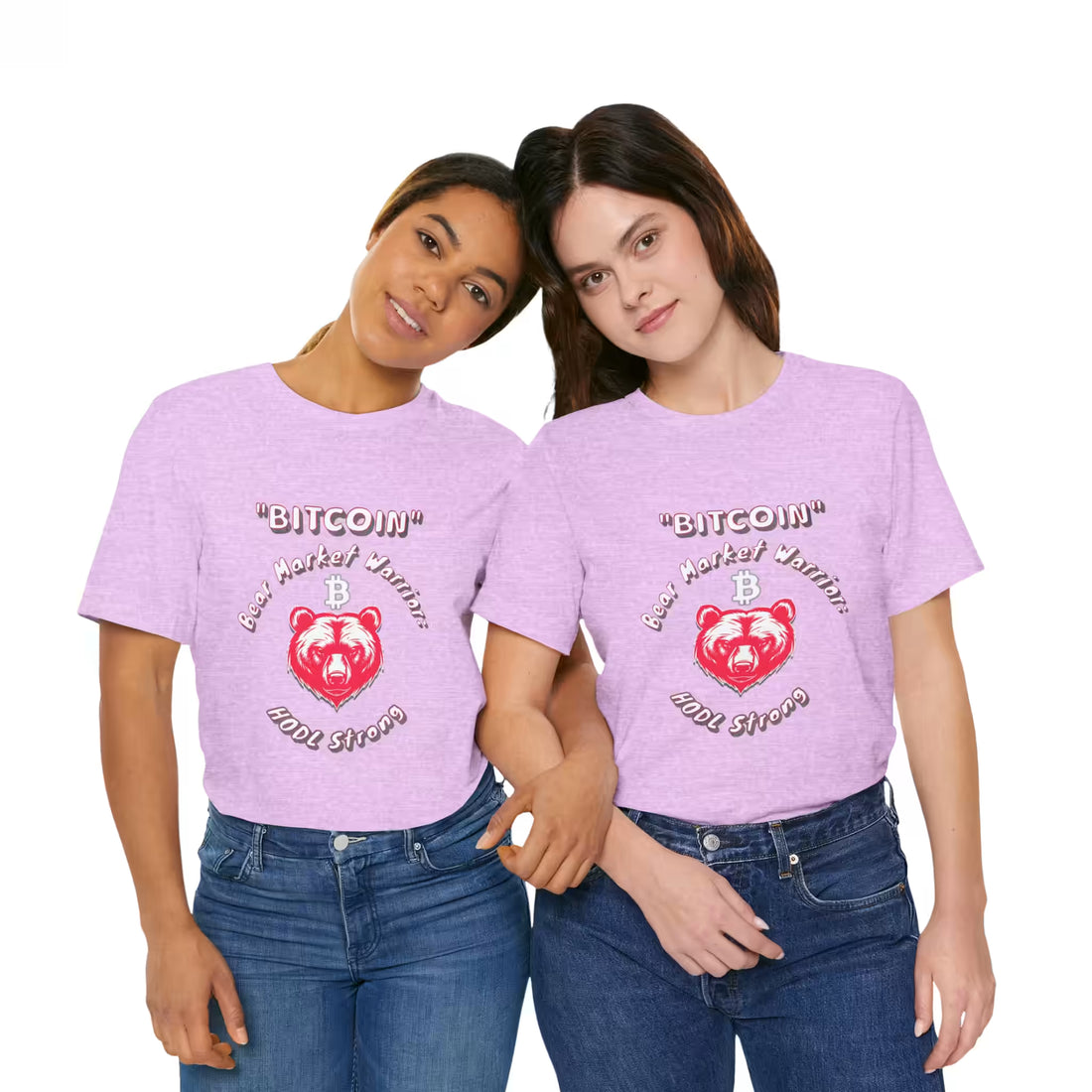 Front view of two models wearing matching heather prism lilac Bitcoin Bear Market Warrior t-shirts. United for the HODL pride.