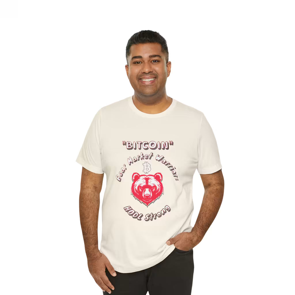 Front view of a model in the natural Bitcoin Bear Market Warrior t-shirt, showing resilience through market dips.