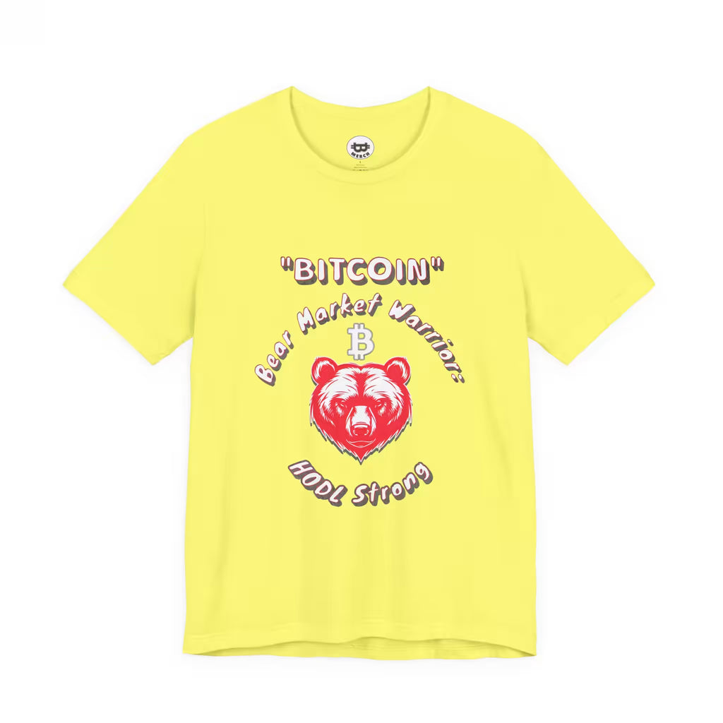 Flat front view of the yellow Bear Market Warrior t-shirt, highlighting the Bella Canvas 3001 build and HODL mindset.