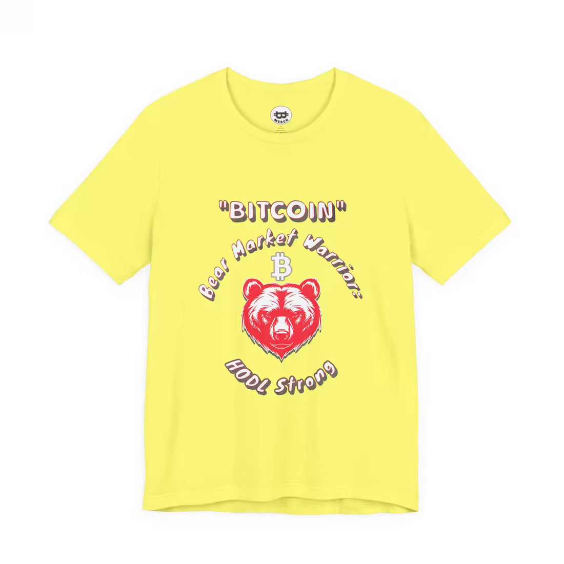Flat front view of the yellow Bear Market Warrior t-shirt, highlighting the Bella Canvas 3001 build and HODL mindset.