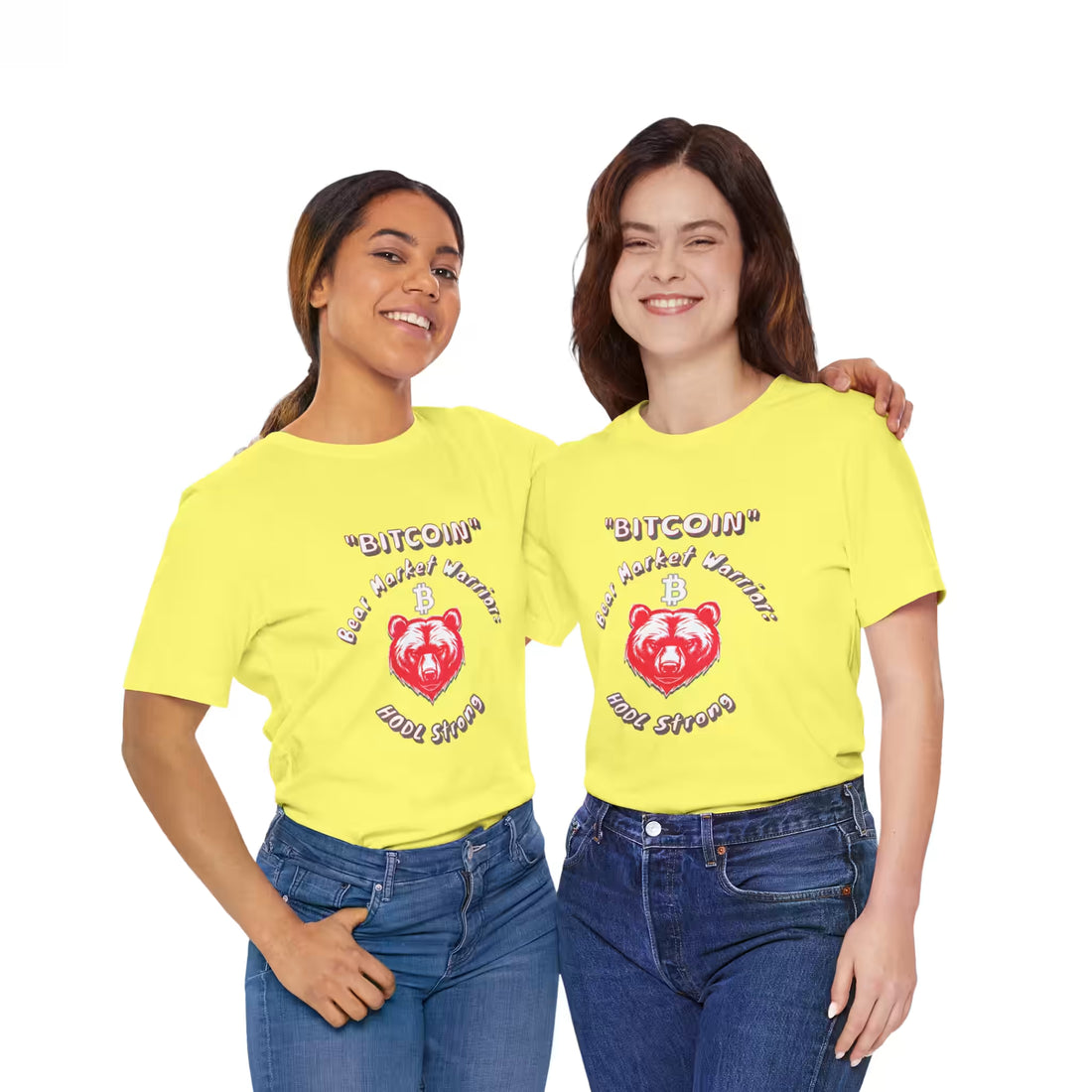 Front view of two models wearing matching yellow Bitcoin Bear Market Warrior t-shirts. Stacking sats together in a downturn.