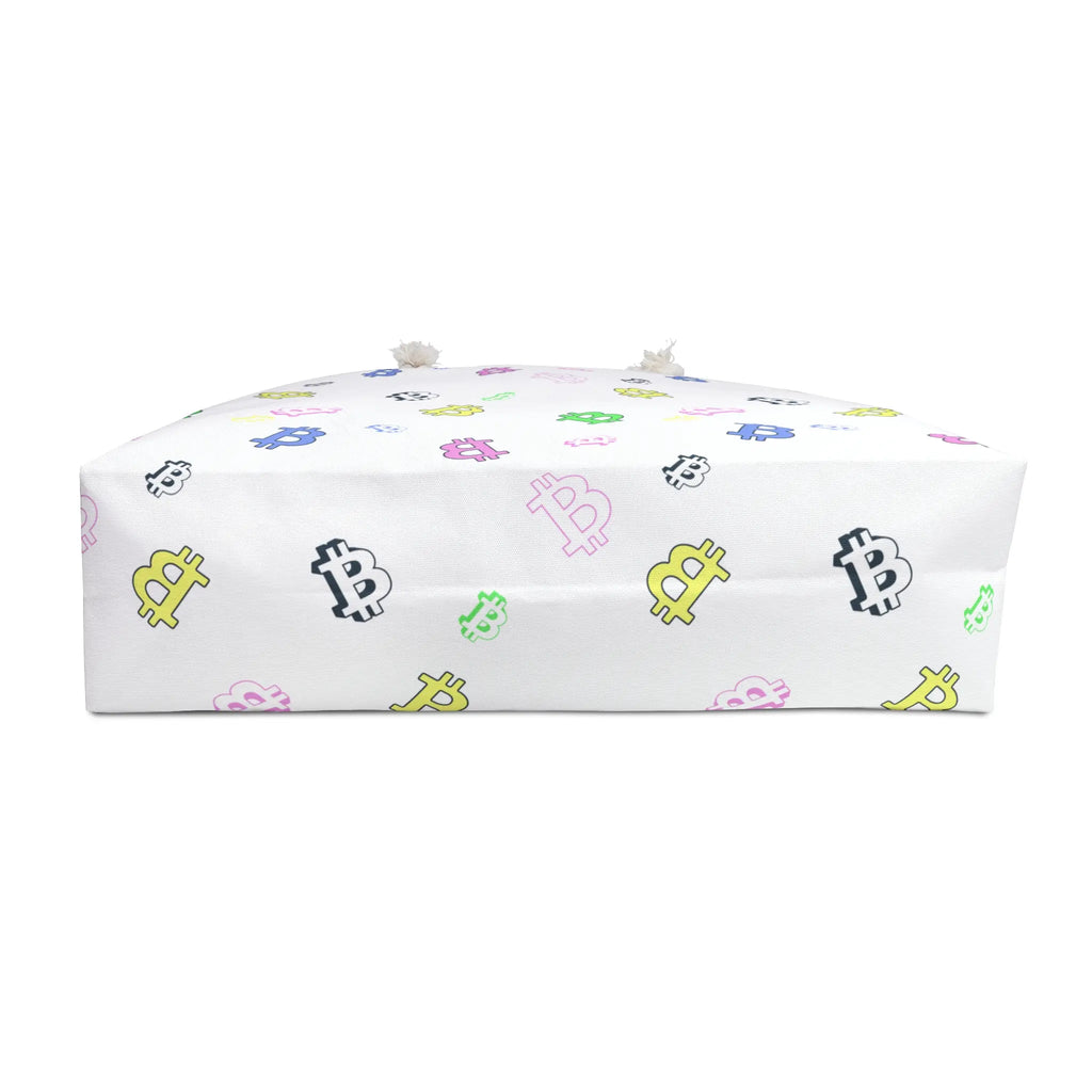 Bottom view of the Bitcoin Belle Multicolor Weekender Bag highlighting the structured flat base and continuous pastel Bitcoin design.