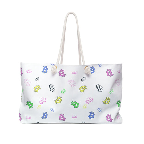 Front view of the Bitcoin Belle Multicolor Weekender Bag featuring a white background with scattered pastel Bitcoin logos and cream-colored rope handles