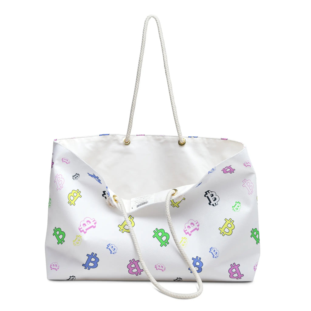 Open Bitcoin Belle Multicolor travel bag showing its large 24 by 13 inch capacity, featuring the pastel Bitcoin symbol pattern.
