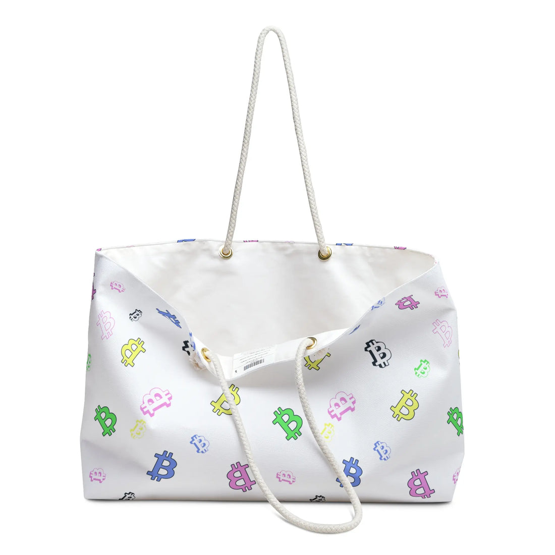 Open Bitcoin Belle Multicolor travel bag showing its large 24 by 13 inch capacity, featuring the pastel Bitcoin symbol pattern.