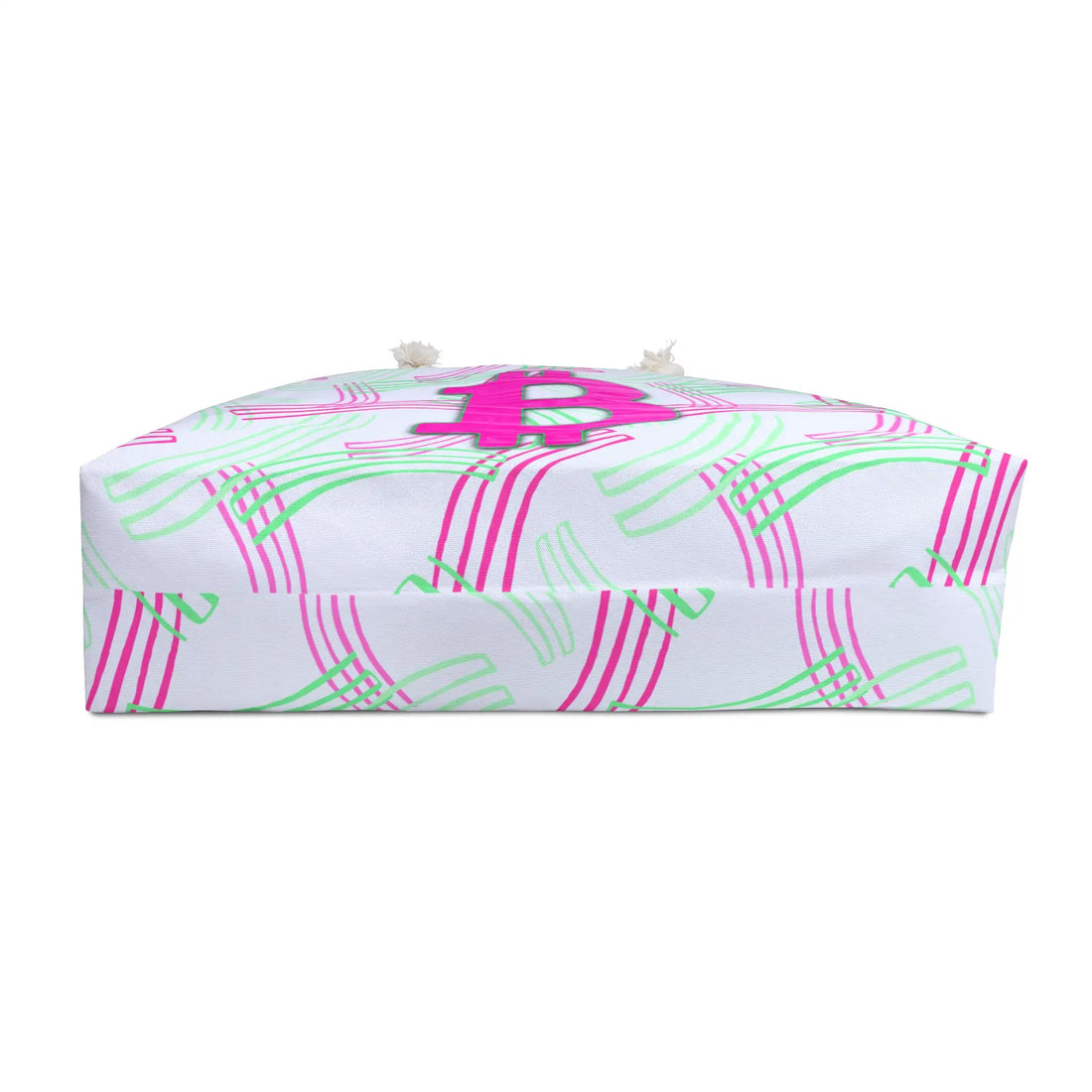Bottom view of the Bitcoin Belle Pink Passion travel bag showing the continuous pink and green wave pattern on a white background.