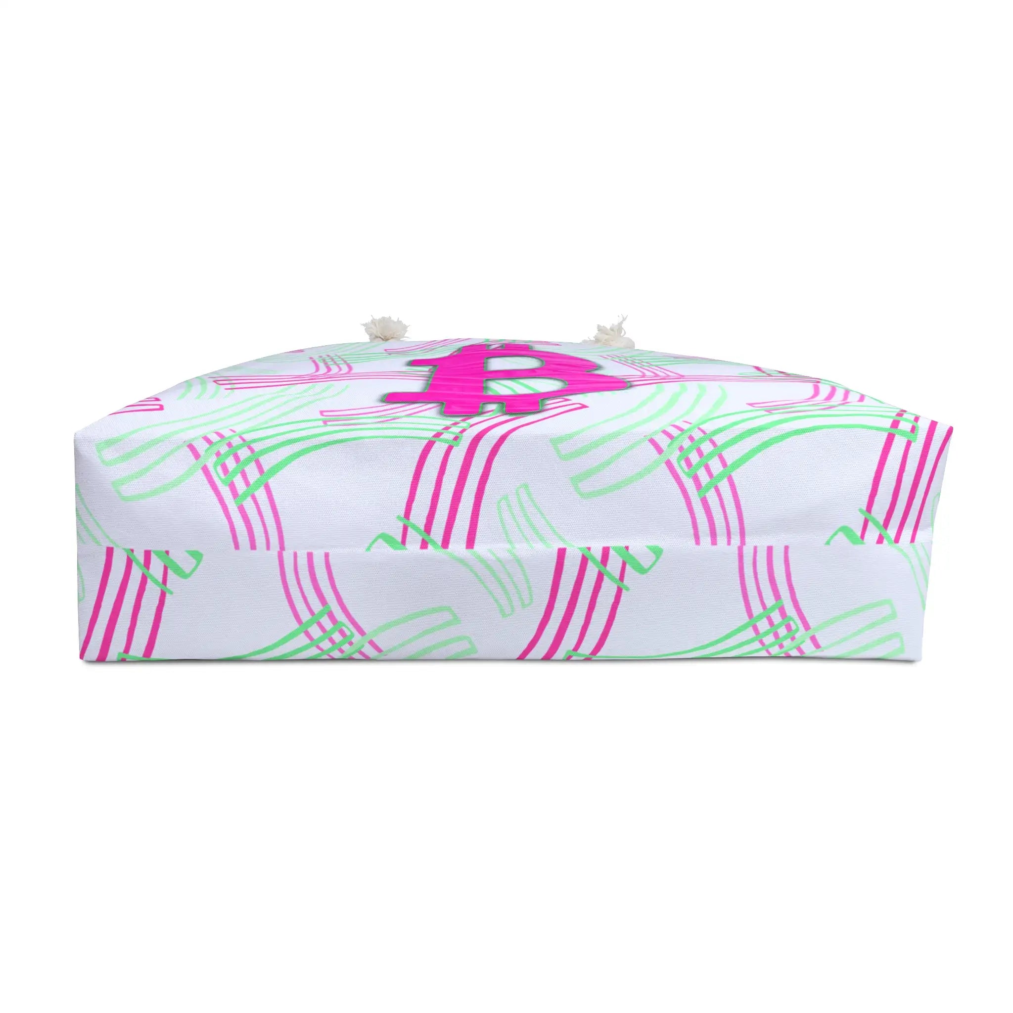 Bottom view of the Bitcoin Belle Pink Passion travel bag showing the continuous pink and green wave pattern on a white background.