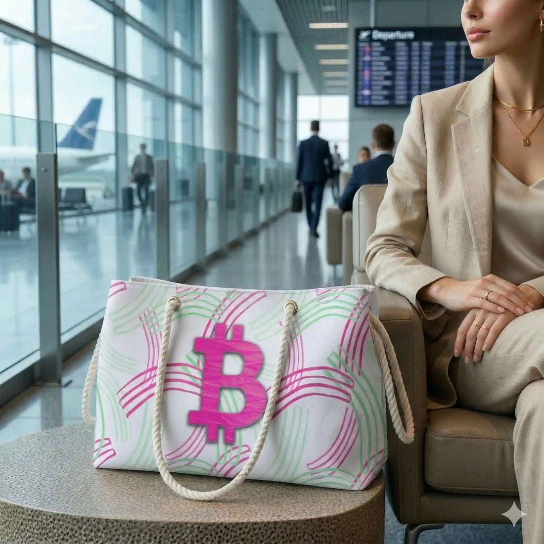 Bitcoin Belle Pink Passion Weekender Bag (24" x 13") on a table at an airport lounge next to a woman in a suit