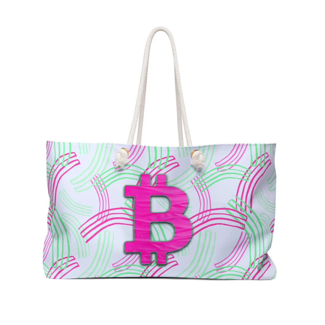 Front view of the Bitcoin Belle Pink Passion Weekender Bag with a vibrant pink Bitcoin symbol and cream-colored rope handles.