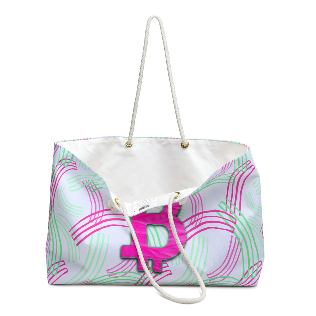 Open Bitcoin Belle Pink Passion Weekender Bag showing the large storage capacity and high-quality printed canvas material.