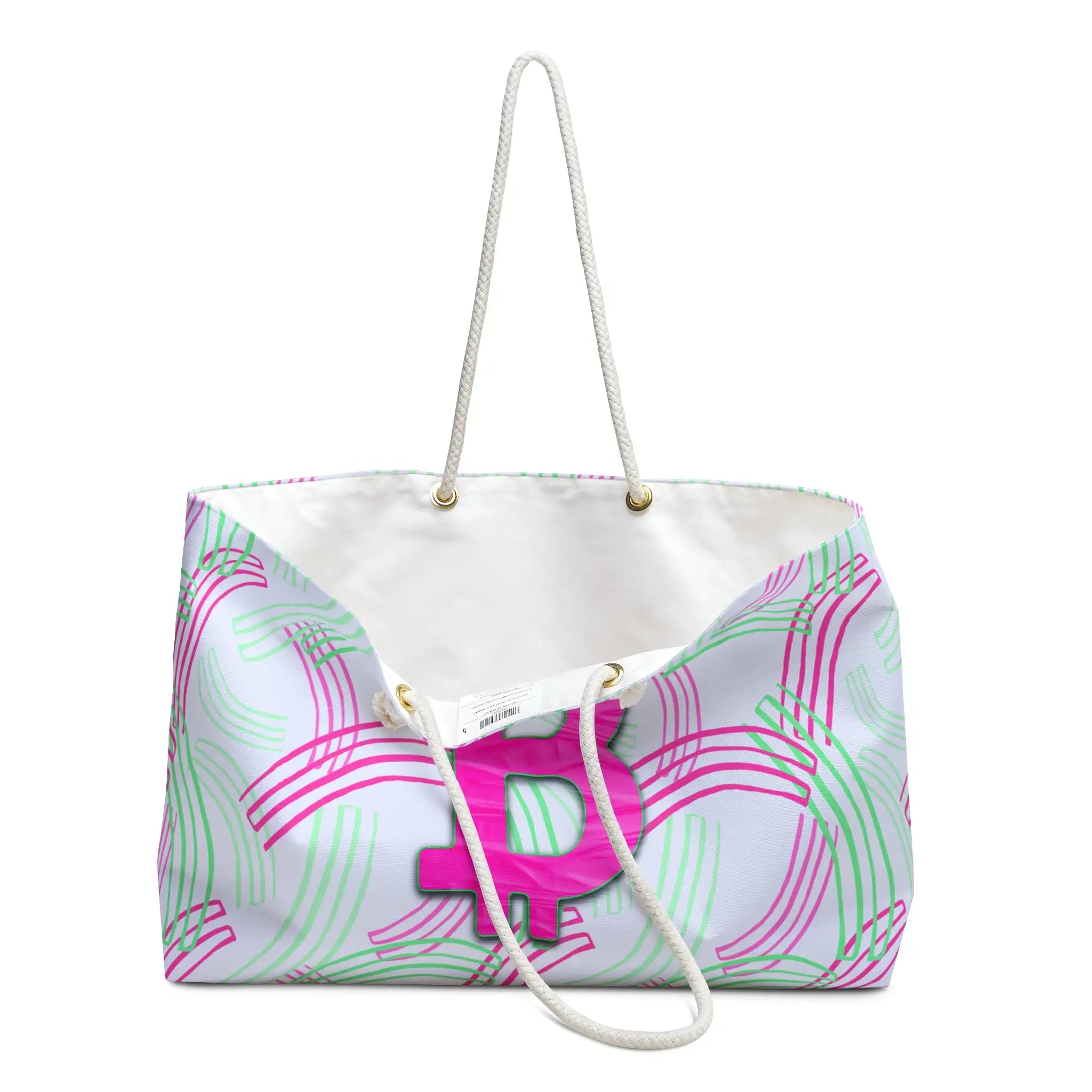 Open Bitcoin Belle Pink Passion Weekender Bag showing the large storage capacity and high-quality printed canvas material.