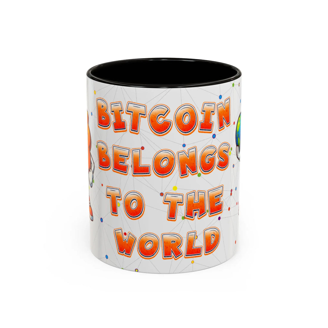 Front view of the 11oz black Bitcoin Belongs To The World coffee mug, promoting global hyperbitcoinization.