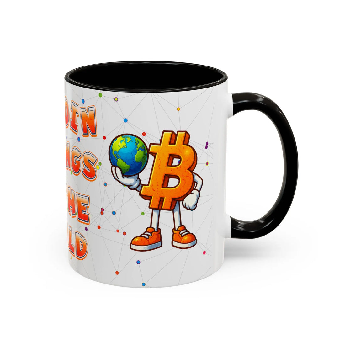 Side view of the 11oz black Bitcoin Belongs To The World mug, highlighting a borderless financial future.