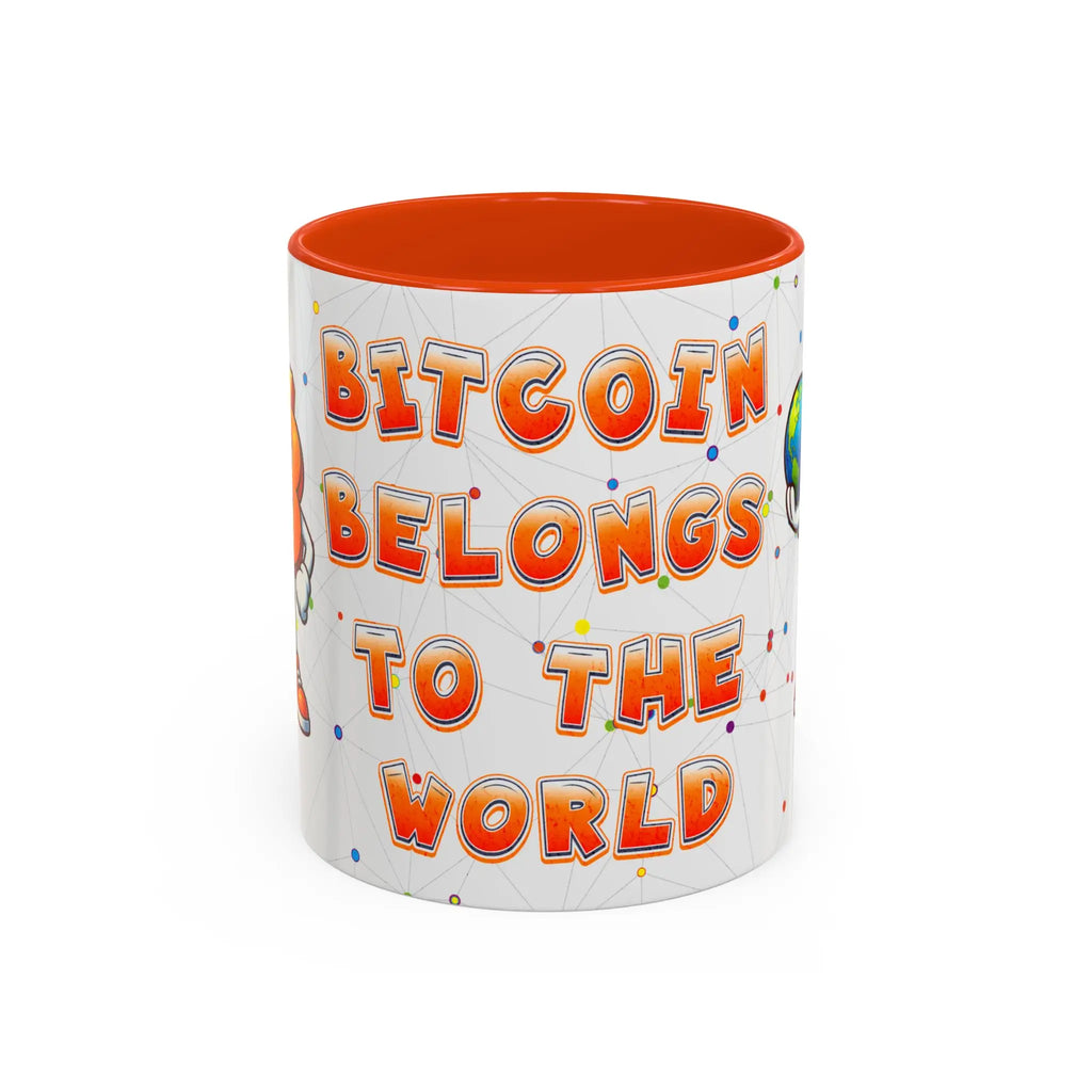 Front view of the 11oz orange Bitcoin Belongs To The World coffee mug, sparking peer-to-peer education.