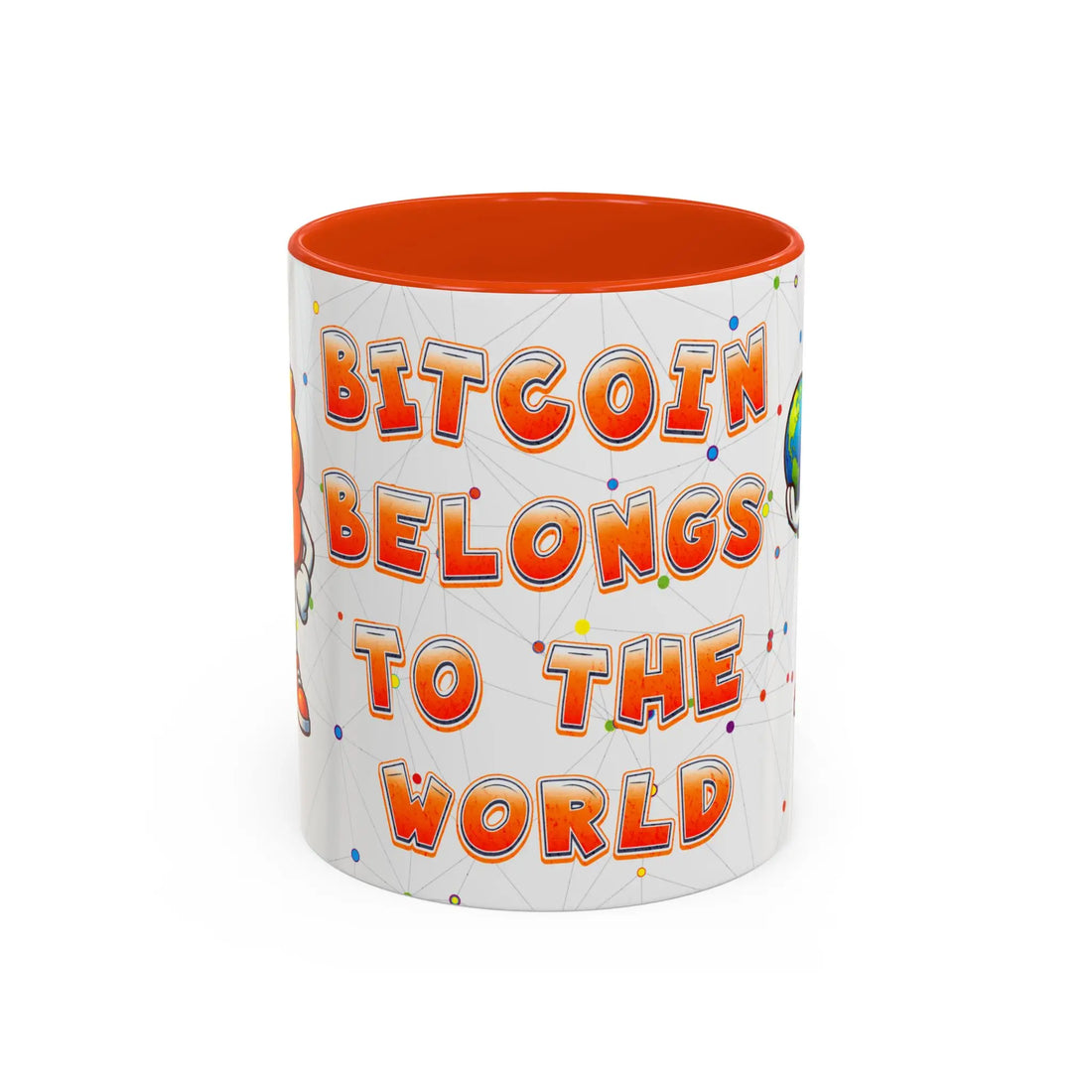 Front view of the 11oz orange Bitcoin Belongs To The World coffee mug, sparking peer-to-peer education.